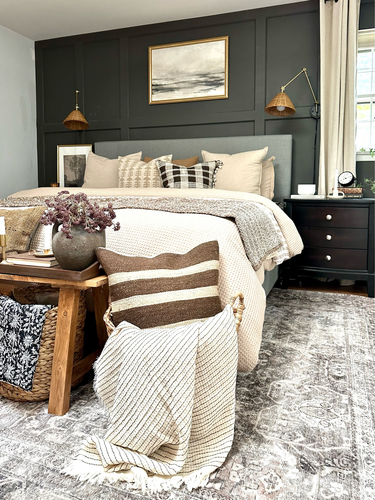 Primary bedroom, master bedroom, bedroom ideas, guest bedroom, throw pillow, duvet cover, kantha quilt, loloi rug, sconces, wall art, nightstand 

#LTKSale #LTKhome #LTKsalealert