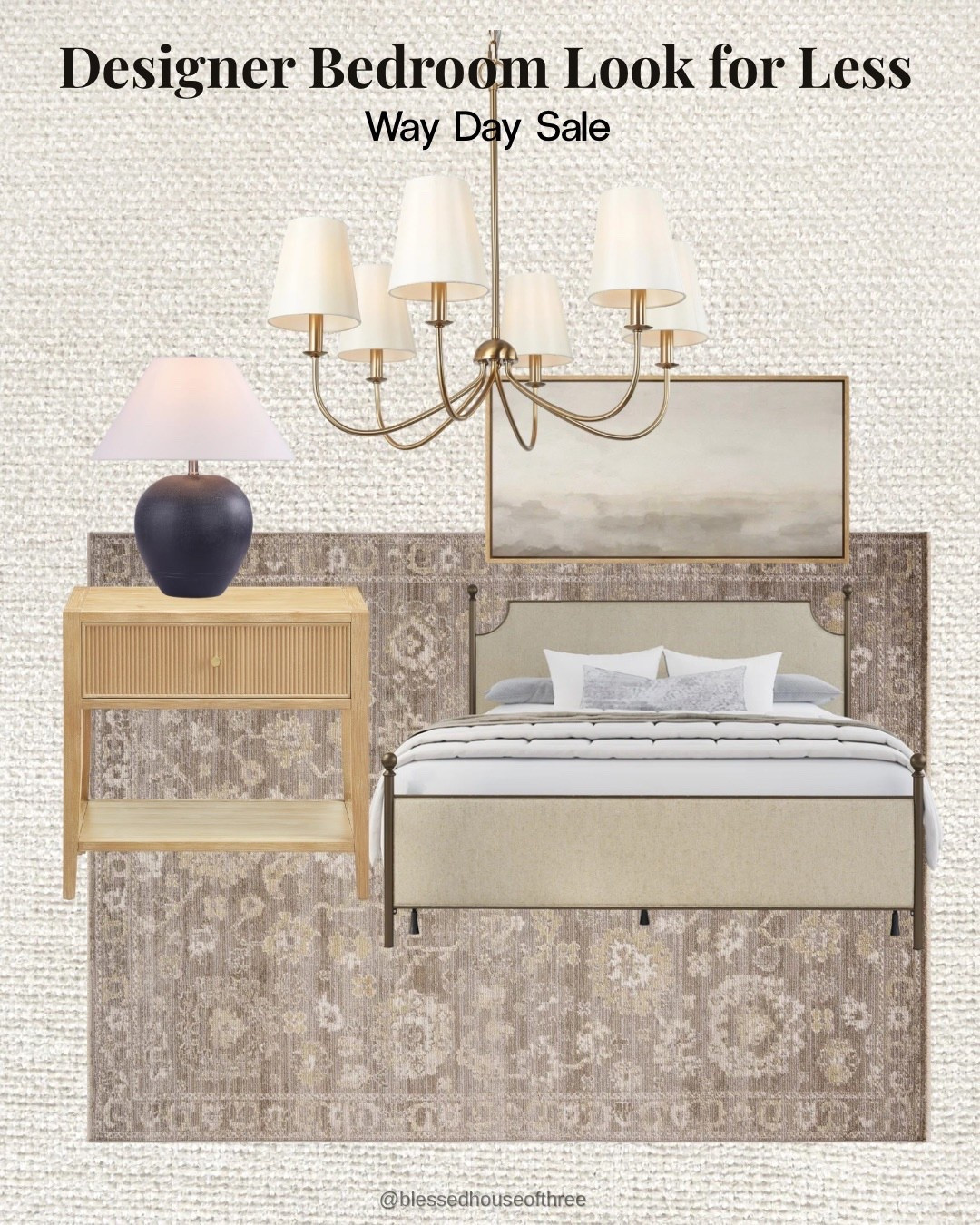 Sharing a designer bedroom look for less using Wayfair Way Day finds that bring in warm neutrals, soft textures, and elevated finishes without the high-end price tag. This space layers an upholstered bed, neutral area rug, reeded wood nightstand, and brass chandelier to create a calm and timeless bedroom feel that works in both modern and classic homes. If you’ve been wanting to refresh your bedroom, these Way Day deals are the perfect opportunity to get the look for less while keeping everything cohesive and cozy. Follow me on LTK for daily home decor, Amazon finds, and simple styling ideas.

#LTKHome #LTKSaleAlert