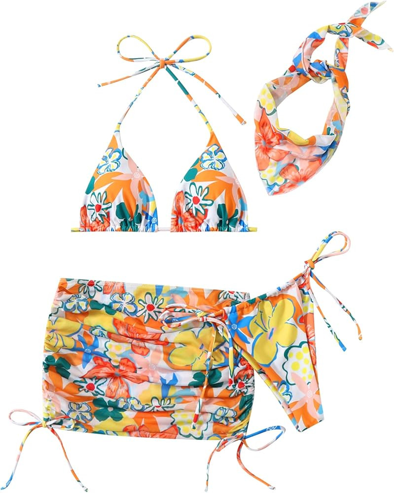 SOLY HUX Women's 4 Piece Swimsuits Triangle Bikini Bathing Suits with Mesh Beach Skirt & Bandana | Amazon (US)