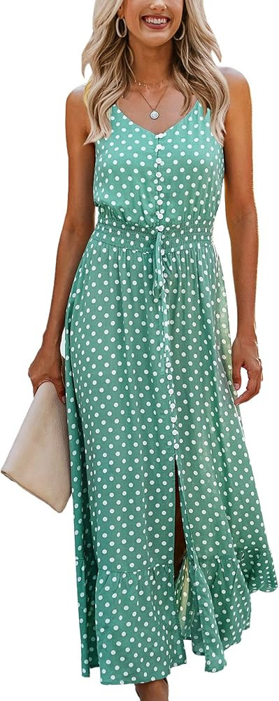 CinShein Womens V Neck Spaghetti Strap Maxi Long Dresses Summer Casual Sleeveless Solid Button Do... | Amazon (US)