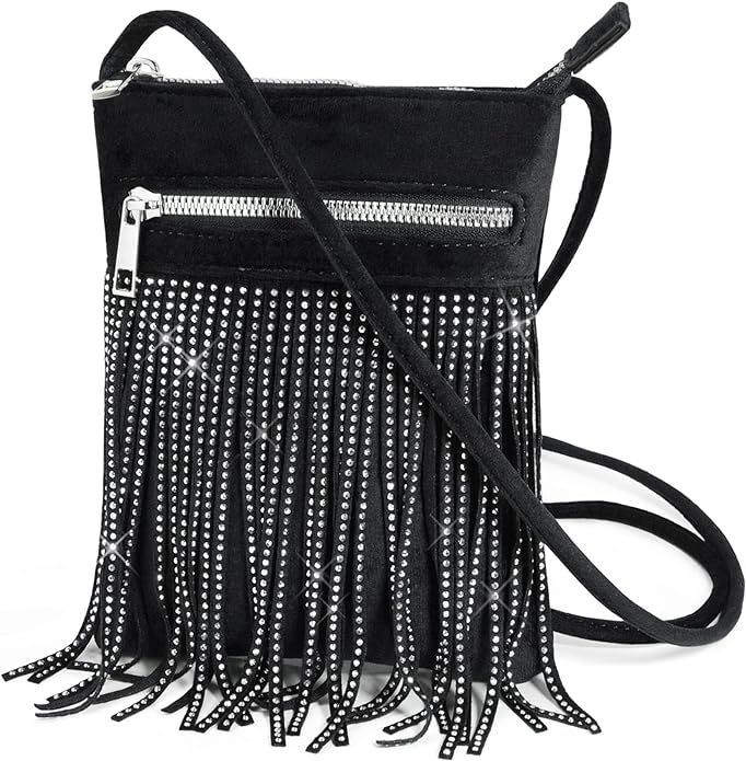 HOXIS Tassel Velvet Crossbody Bag Bling Glitter Purse Sparkle Women Evening Bag | Amazon (US)