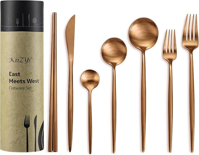 Copper Silverware Set Reusable Chopsticks - KiiZYs 14-piece Stainless Steel Utensils Set Kitchen ... | Amazon (US)