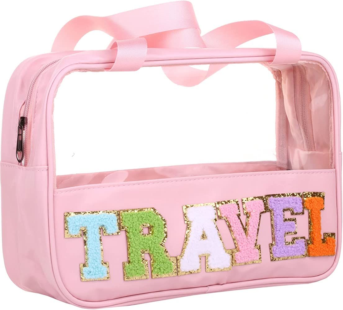 CRUOXIBB Chenille Letter Clear PVC And PU leather Large Travel Cosmetic Toiletry Storage Bag Wate... | Amazon (US)