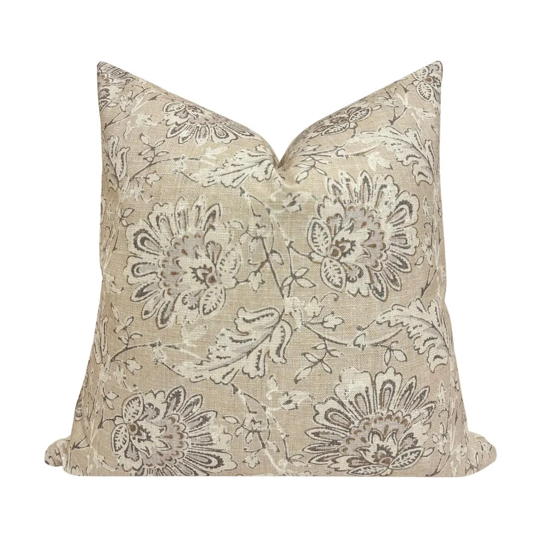 FLORENCE || Designer Linen Floral Pillow Cover, Tan Floral Pillow Cover, Neutral Floral Pillow, M... | Etsy (US)