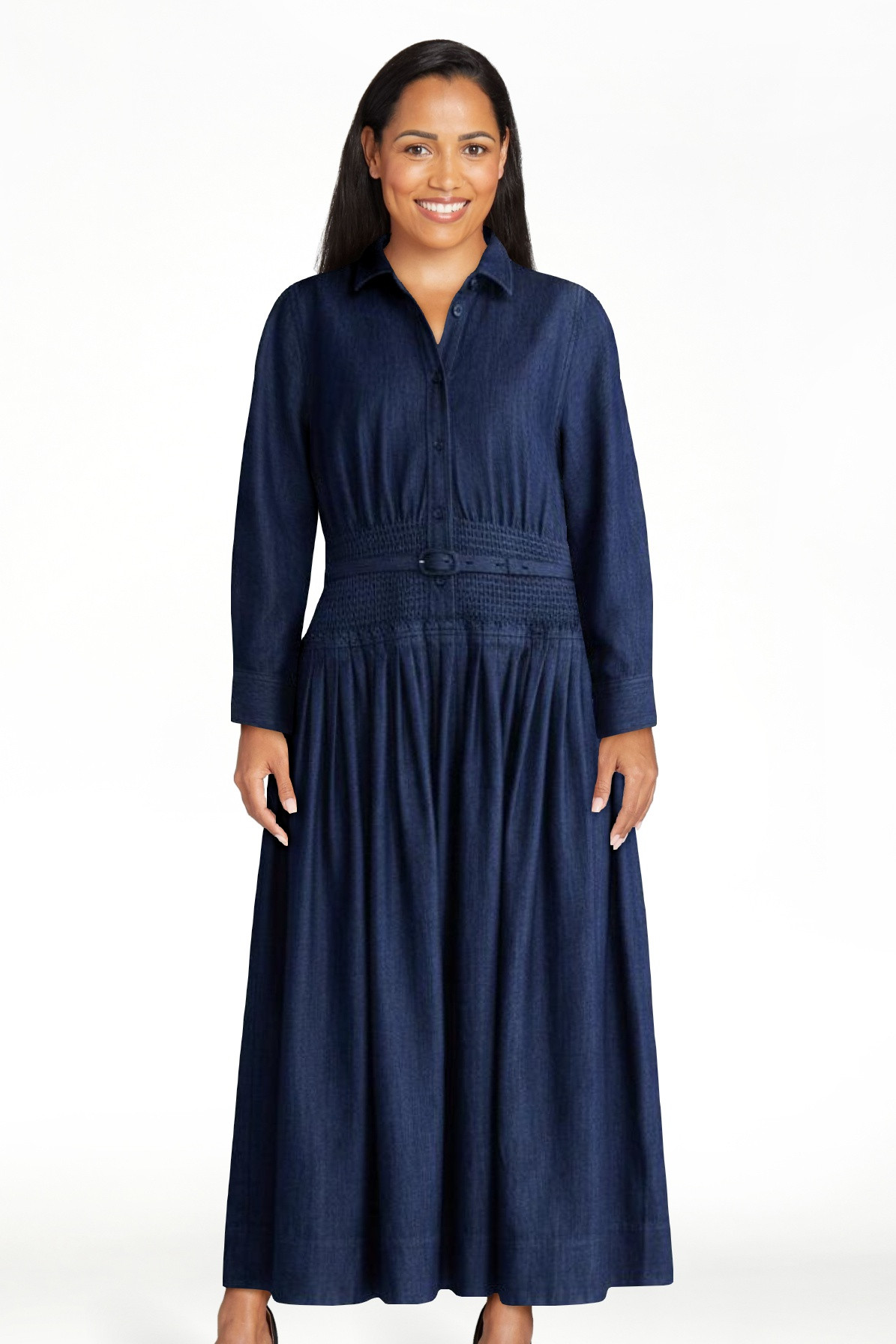 Free Assembly Women's Belted Smocked Waist Denim Midi Shirtdress, Sizes XS-XXL | Walmart (US)