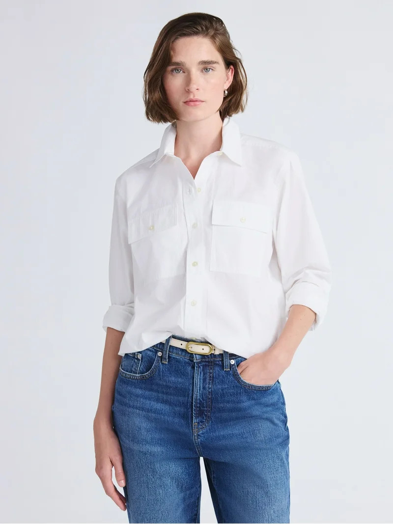 Free Assembly Women's Cropped Cotton Utility Shirt with Long Sleeves, Sizes XS-XXL | Walmart (US)