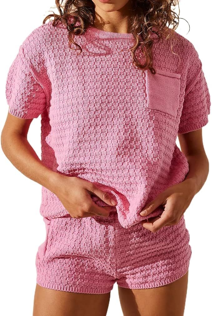 NUFIWI Women Knitted Two Piece Sweater Set Short Sleeve Crewneck Blouse Top High Waist Shorts Tra... | Amazon (US)