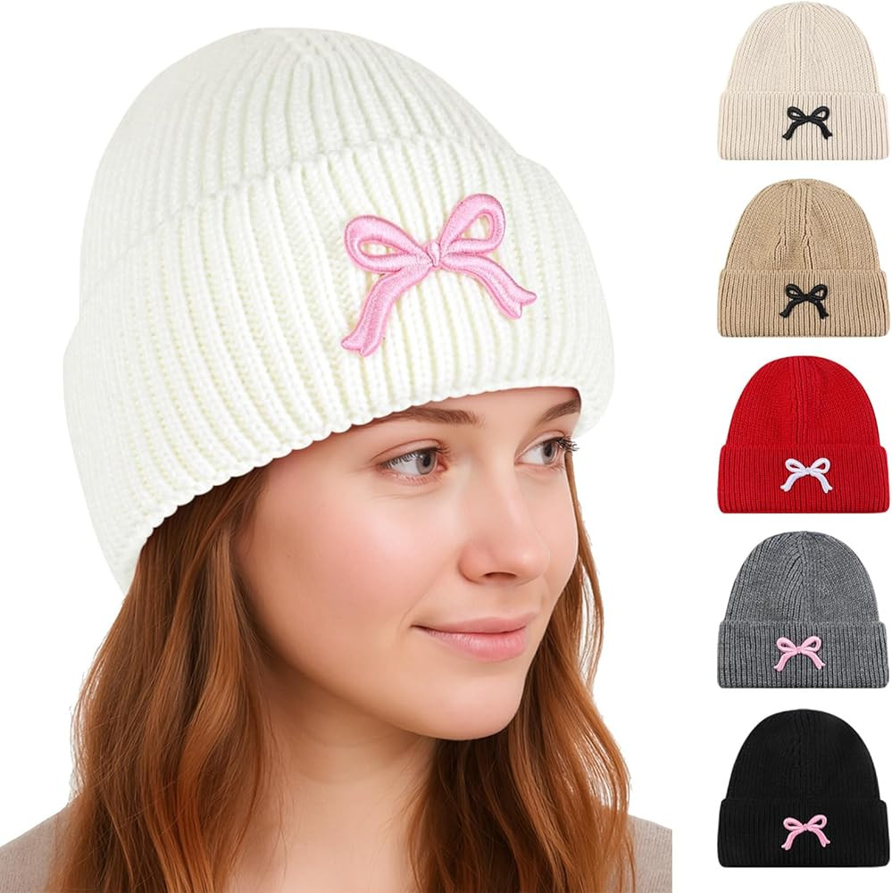 Kunyeah Women Bow Beanie Hat Winter Fashion Knitted Hat Girl Warm Floppy hat Cute Embroidery Bowk... | Amazon (US)