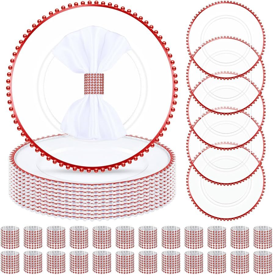 48 Pcs/24 Set Clear Charger Plates and Napkin Rings Set 24 Pcs 13 Inch Plastic Round Charger Plat... | Amazon (US)