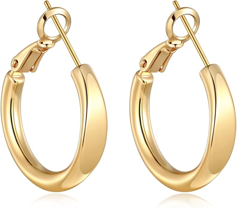 sovesi Flat Edge Chunky 14k Gold Plated Hoop Earrings for Women Trendy | 5mm Thick Hoops, Lightwe... | Amazon (US)