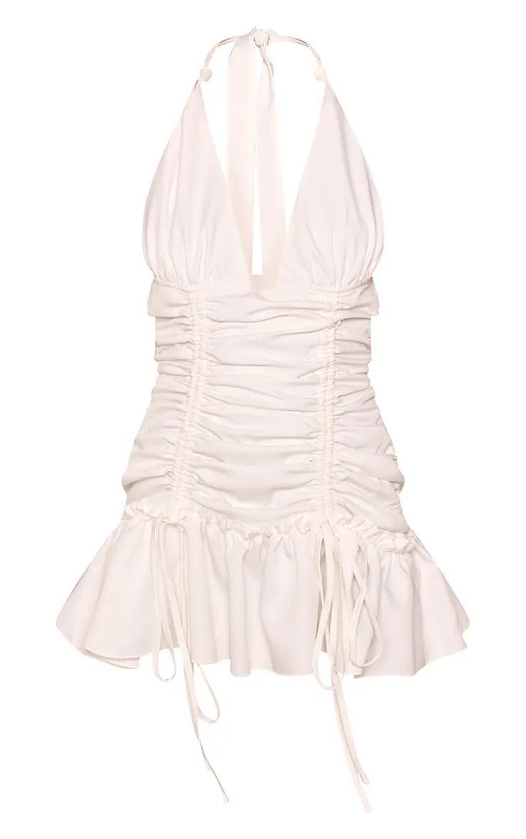 Cream Woven Plunge Ruched Bodice Frill Hem Mini Dress | PrettyLittleThing UK