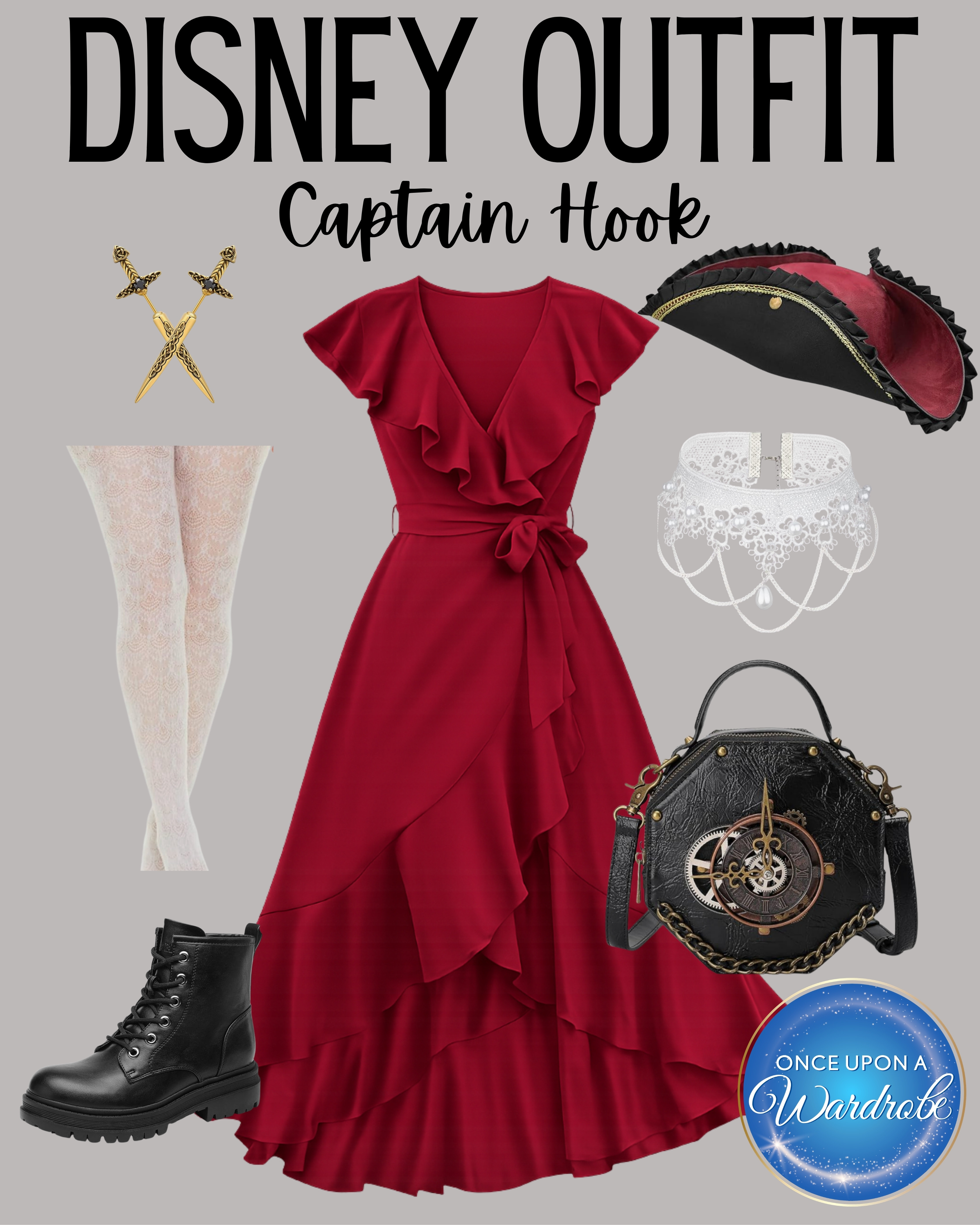 A Captain Hook-inspired Disney outfit with a dramatic red dress, lace tights, combat boots and pirate accessories. Perfect for Disneybounding, Pirate Night or a villain-inspired park look! 

 #LTKootd #LTKmomlife #LTKTravel