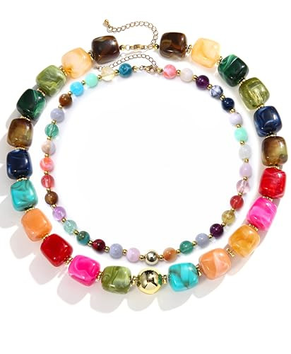 BOMAIL 2PCS Chunky Acrylic Beaded Choker Necklaces for Women Boho Colorful Resin Bead Choker Neck... | Amazon (US)