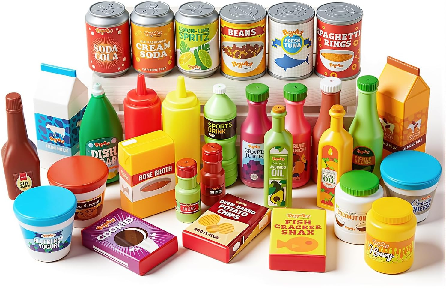 JOYIN 30Pcs Play Food Grocery Cans, Play Kitchen Accessories, Includes Drink, Juice, Jar, Seasoning, Water Bottle, Sauce, Yogurt, Ice Cream, Snack Box, Kids Gifts & Indoor Toys | Amazon (US)