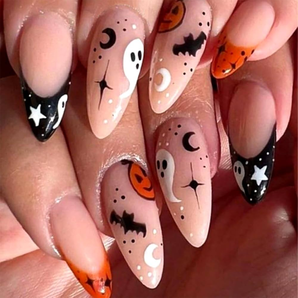 Halloween Press on Nails Almond Mediume Length French Fake Nails with Ghost Bat Pumpkin Moon Star... | Amazon (US)