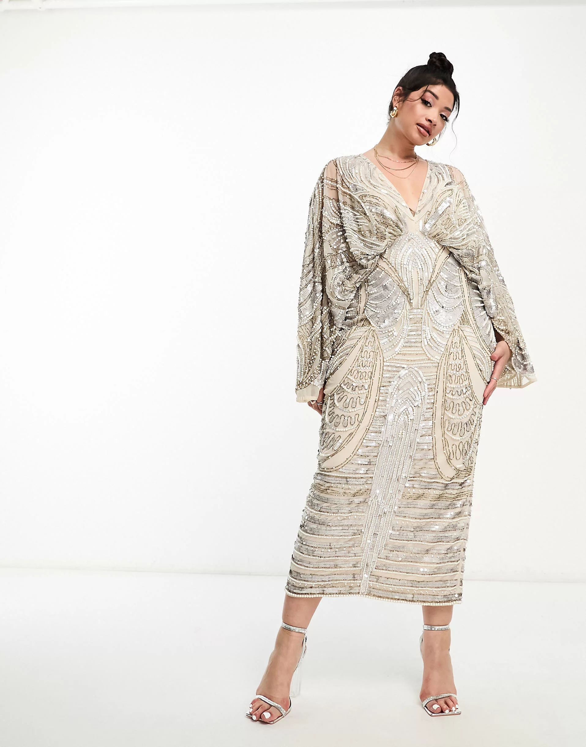 ASOS EDITION Curve kimono sleeve midi dress with sequin & pearl embellishment in pale gray | ASOS (Global)