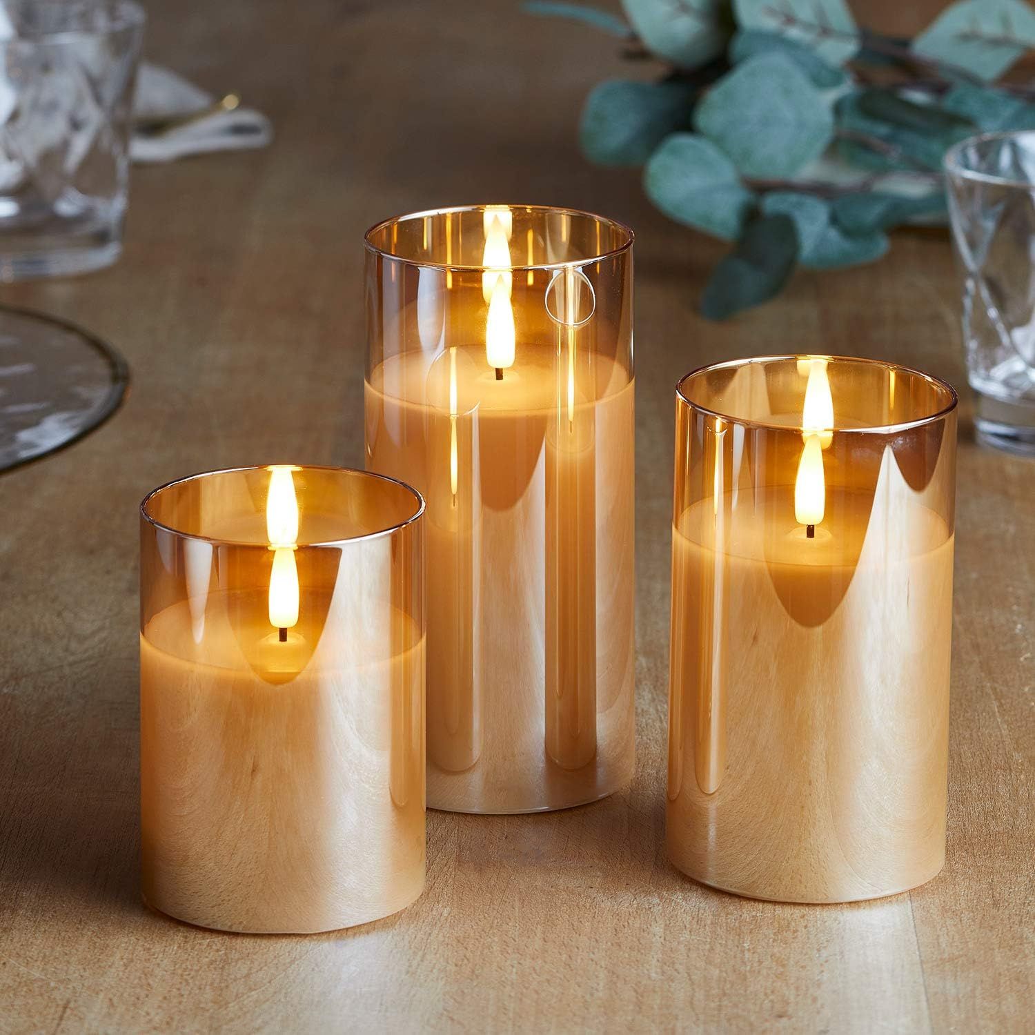 Lights4fun, Inc. Set of 3 TruGlow Gold Glass Flameless LED Battery Operated Pillar Candles with Remo | Amazon (US)