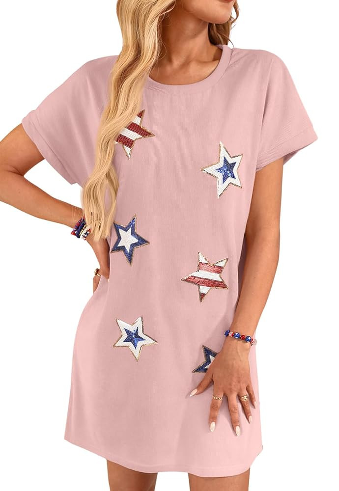For G and PL Women's 4th of July Ribbed Patriotic Dress Sequin Short Sleeve Crewneck Loose Fit Am... | Amazon (US)