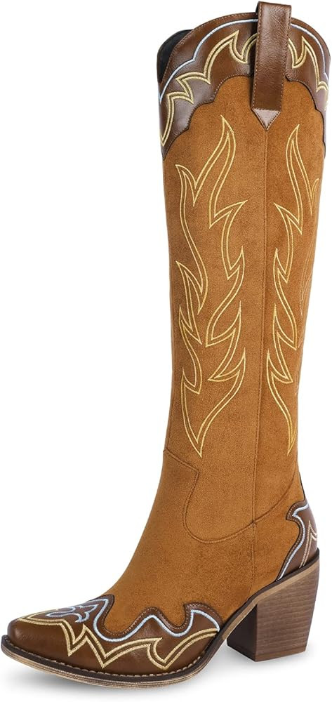 wetkiss Knee High Cowboy Cowgirl Boots for Women, with Unique Embroidery, Side Zipper and Chunky ... | Amazon (US)