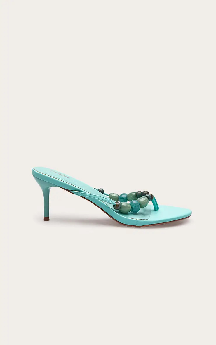 Blue Beaded Toe Thong Heeled Mules | PrettyLittleThing UK