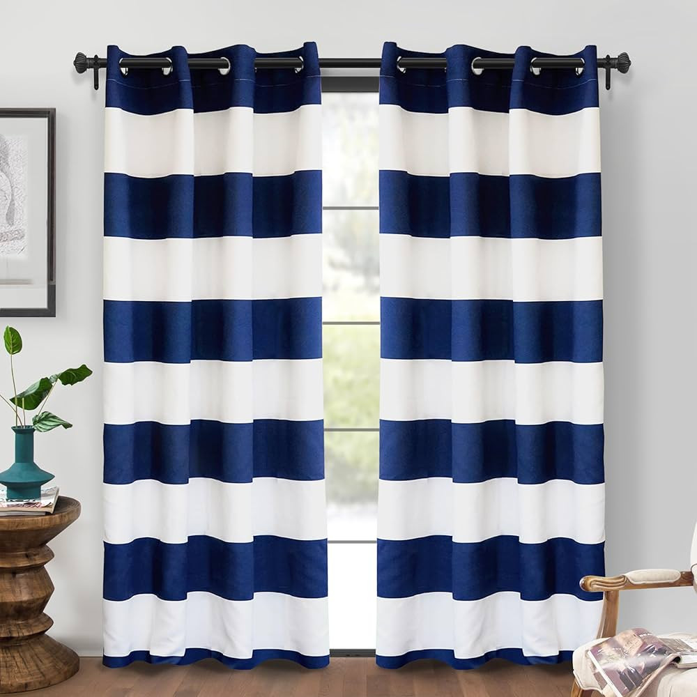DriftAway Navy Stripe Room Darkening Window Curtains 84 Inch Long Striped Grommet Drapes for Bedr... | Amazon (US)