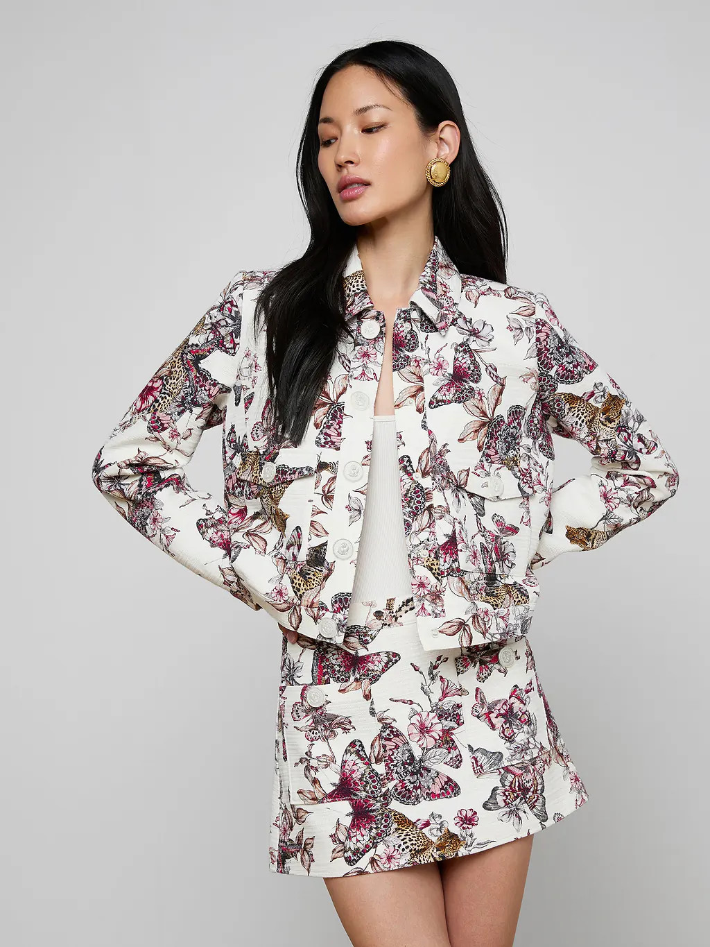 Nyx Cropped Jacket in White Multi Large Butterfly Jungle | L'AGENCE | L'Agence