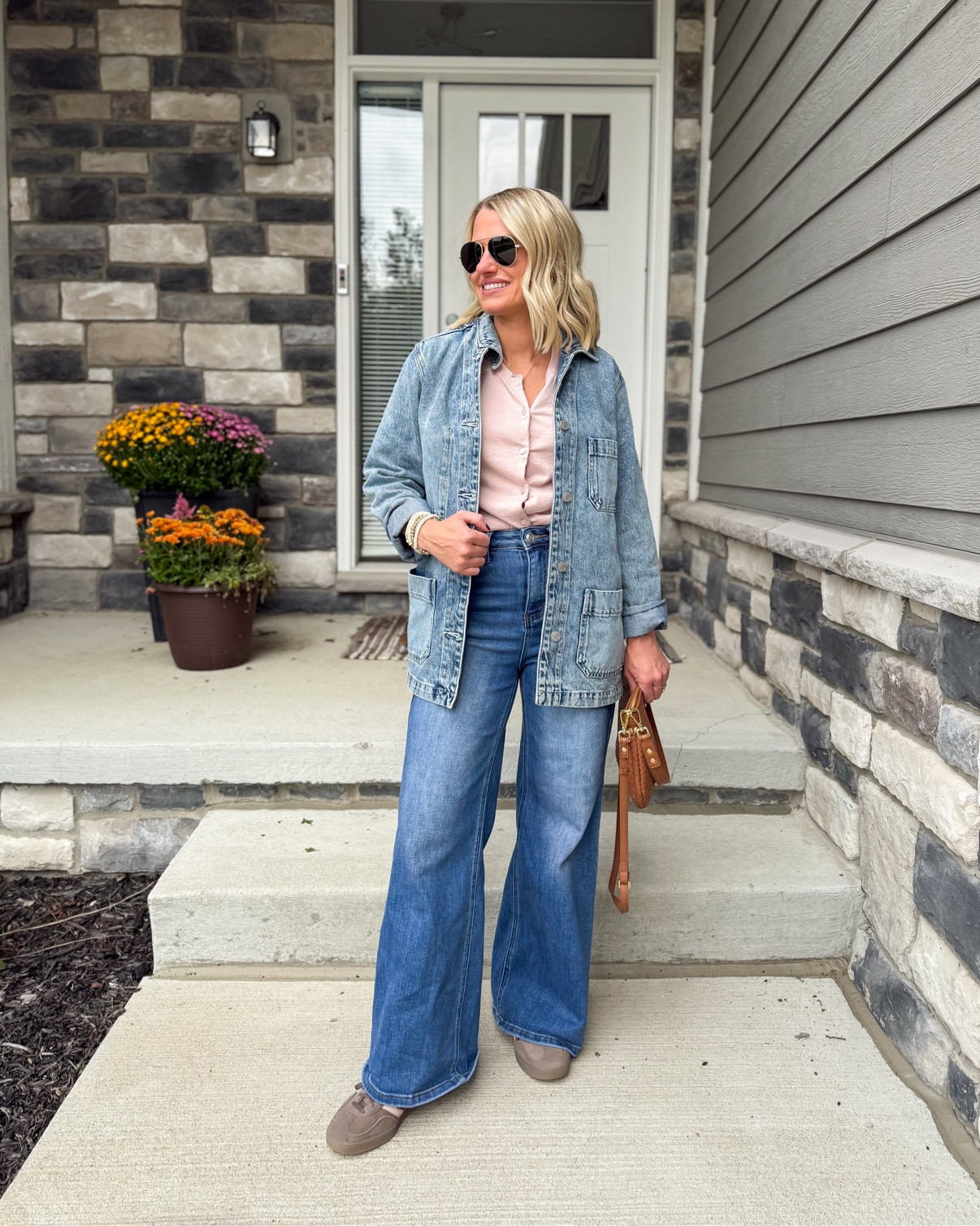 What I wore today 🍂 Denim chore jacket + pink button-up + wide leg jeans. The cropped jacket keeps the proportions right on my 5'1" frame! #whatiwore #ootd #falloutfit #petitestyle #momstyle

#LTKootd #LTKOver40 #LTKPetite