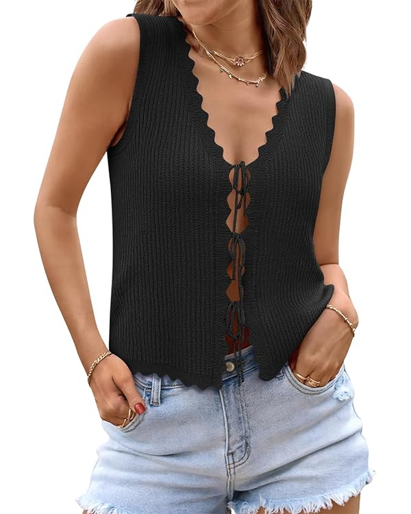 Womens Tie Front Tops Trendy 2025 Summer V Neck Sleeveless Sweater Vests Fashion Cute Crochet Kni... | Amazon (US)
