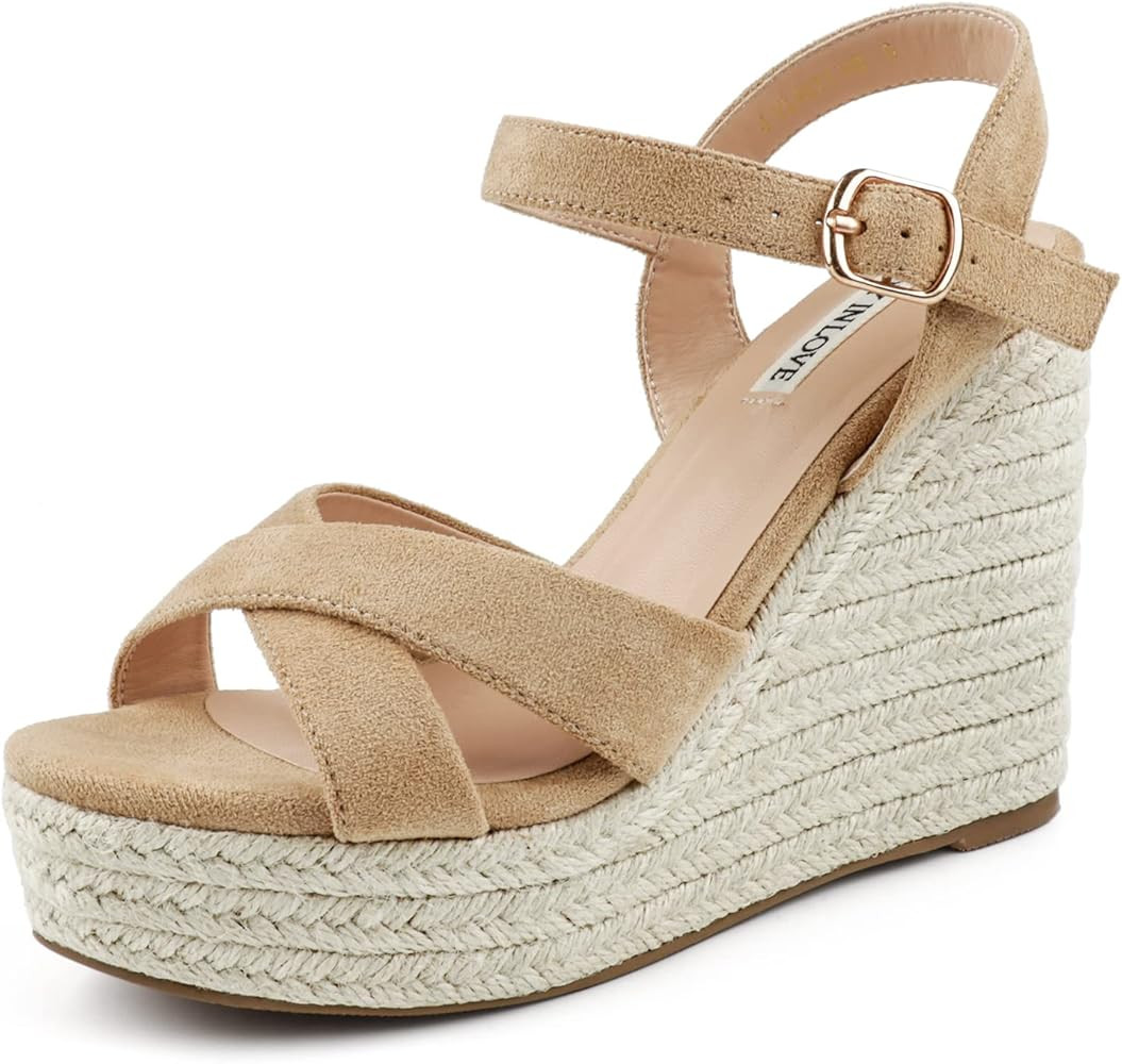 JOY IN LOVE Womens Espadrilles Wedge Sandals Platform Heels Ankle Strap Open Toe Buckle Sandals | Amazon (US)