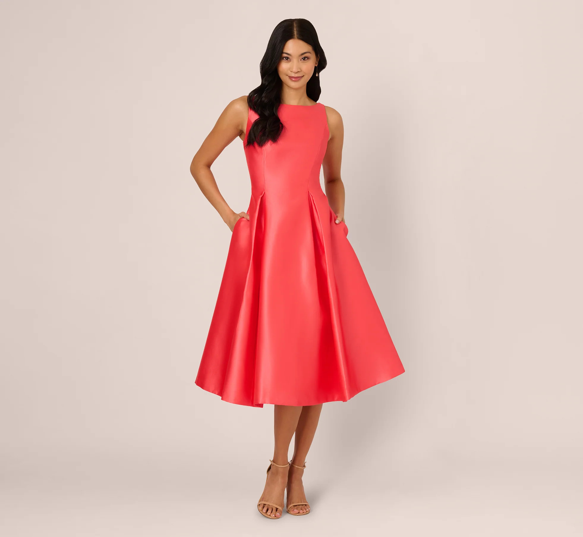 Sleeveless Mikado Fit And Flare Midi Dress With V-Back In Desert Flowe | Adrianna Papell