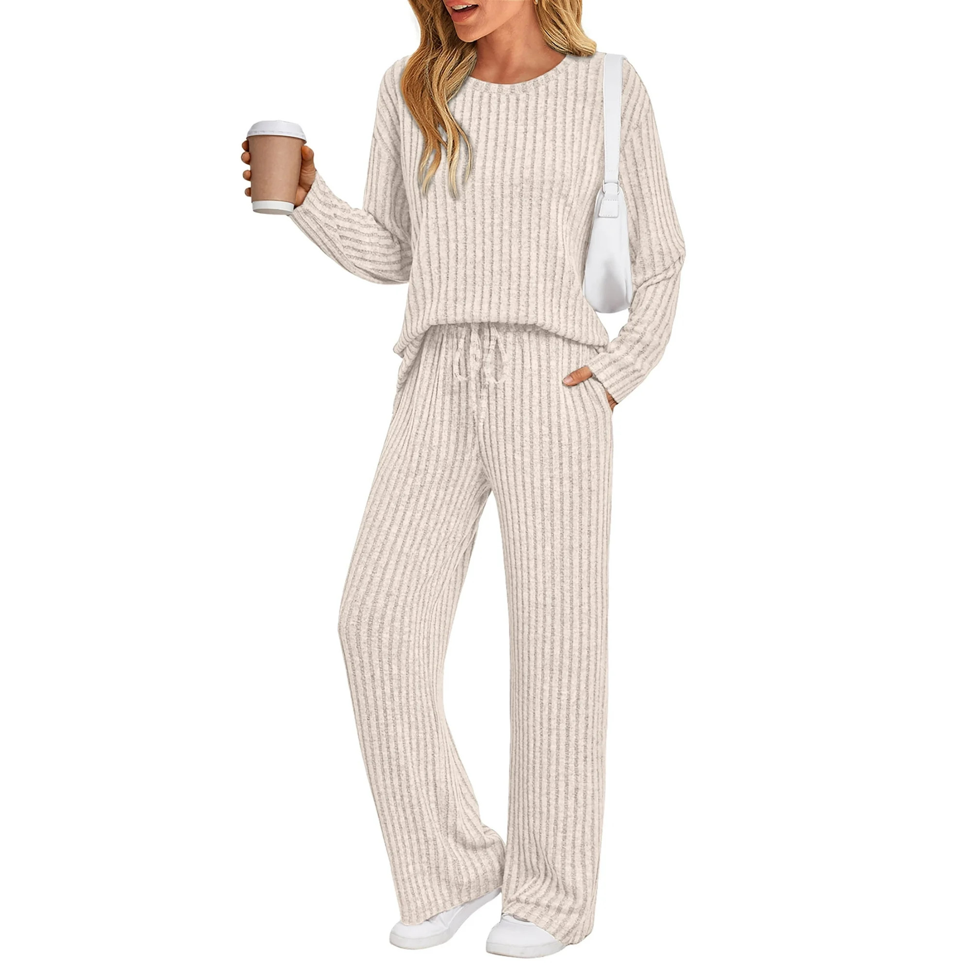 SUNBS Two Piece Lounge Sets for Women Pajamas Set Wide Leg Pants Ribbed Knit Winter Matching 2 Pi... | Walmart (US)