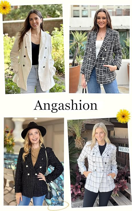 Angashion Womens Tweed Blazer Jackets: Fashion Casual Open Front Elegant Houndstooth Plaid Jacket... | Amazon (US)