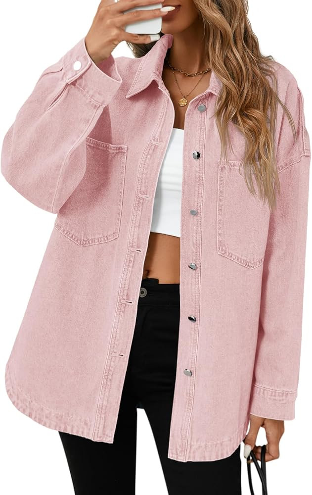 Tankaneo Womens Oversized Denim Shirt Jacket Button Down Long Sleeve Fall Casual Jean Shackets | Amazon (US)