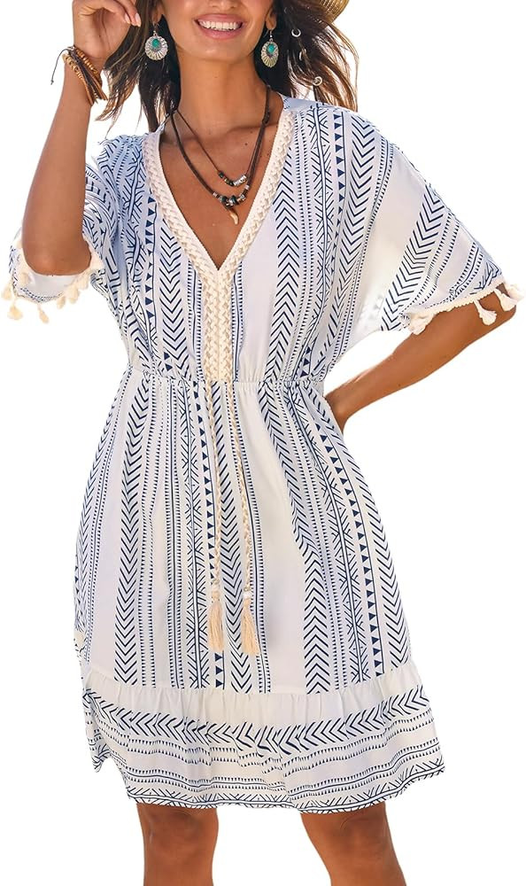 CUPSHE Women Tassel Trim Summer Dress V Neck Lace Short Sleeve Paisley Boho Casual Sundress Holid... | Amazon (US)