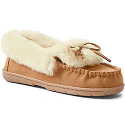 Women's Suede Leather Fuzzy Shearling Fur Moccasin Slippers | Lands' End (US)