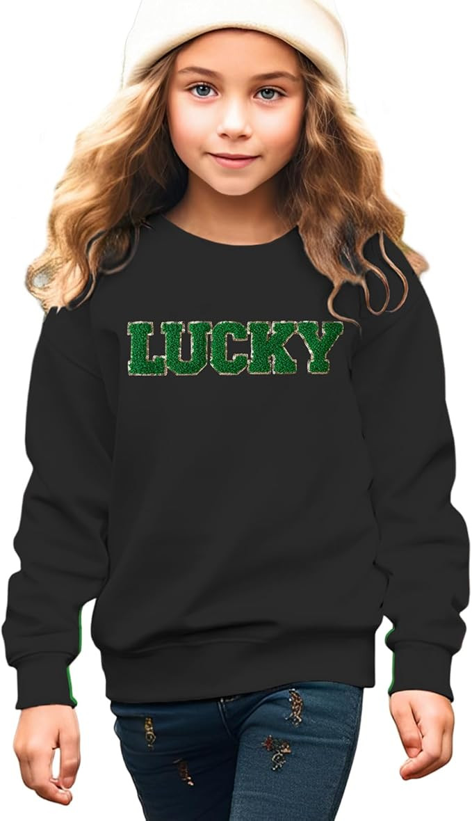 Kids Girl St Patricks Day Sweatshirt Glitter Lucky Shirts Shamrock Clover Outfit Chenille Patch I... | Amazon (US)