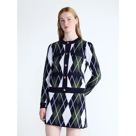 Free Assembly Women's Argyle Cardigan Sweater with Puff Sleeves, Midweight, Sizes XS-XXL | Walmart (US)
