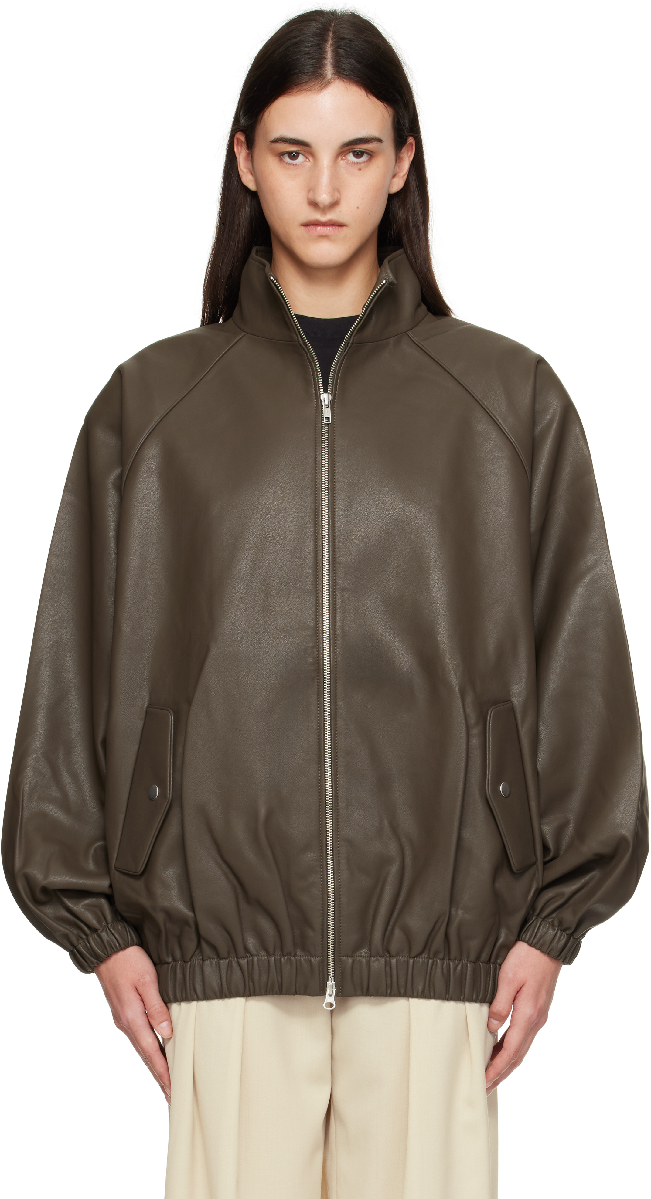 The Frankie Shop Taupe Senta Faux-Leather Bomber Jacket | SSENSE