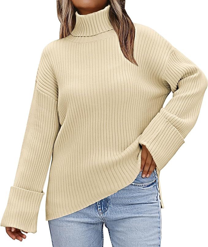 LILLUSORY Womens 2023 Fall Sweaters Turtleneck Long Sleeve Asymmetric Hem Pullover Knit Oversized... | Amazon (US)