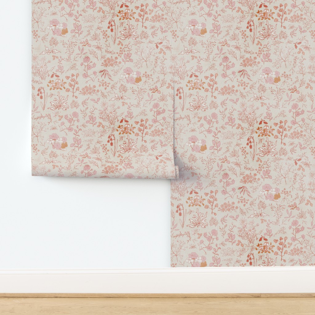 Wallpaper in Medium scale sweet hand drawn pink flowers cream with subtle vintage | Spoonflower
