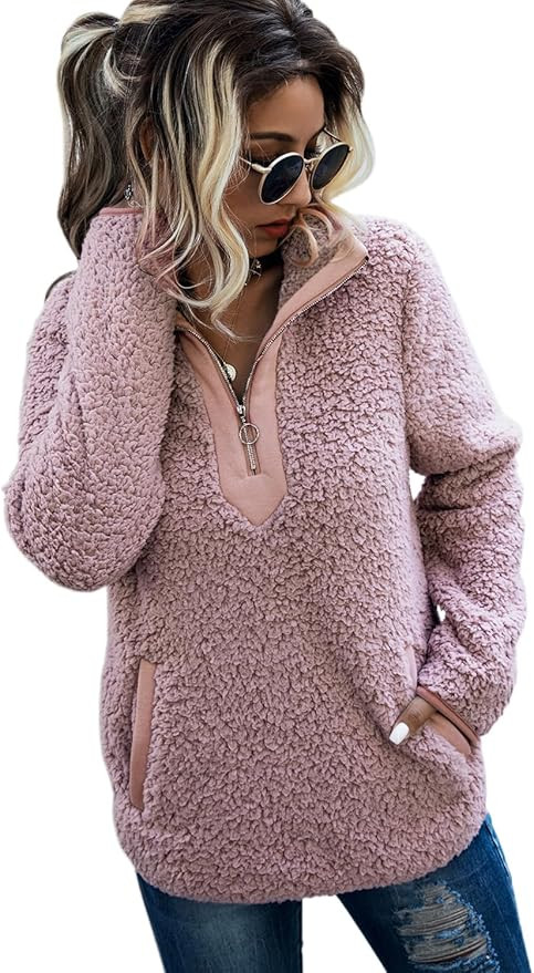AQOTHES Womens Loose Casual Zipper Sherpa Fleece Pockets Pullover Sweatshirt for Women | Amazon (US)