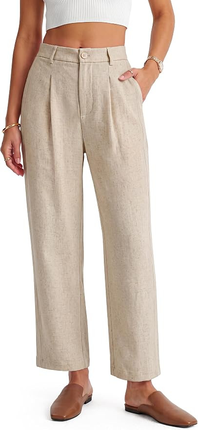 Arach&Cloz Women's Linen Blend Ankle Pants Fall Business Casual Trousers | Amazon (US)