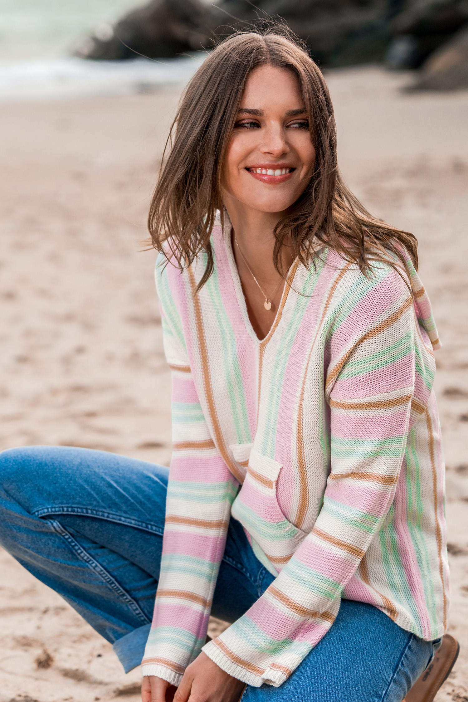 NewPink & Mint Striped Baja Hoodie | Cupshe US