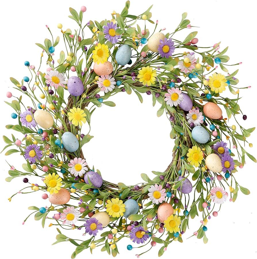 Sggvecsy 20 Inch Easter Wreath Spring Wreath Artificial Flower Wreath with Colorful Eggs Daisies ... | Amazon (US)
