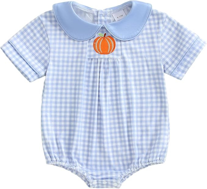 Newborn Baby Boy Girl Halloween Outfit Pumpkin Plaid Bubble Romper Short Sleeve Peter Pan Collar ... | Amazon (US)