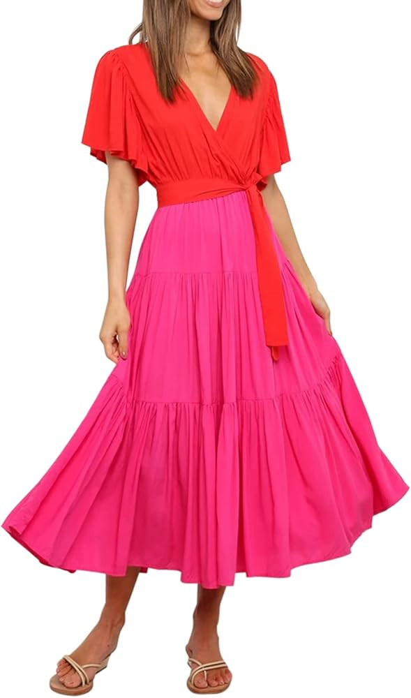 R.Vivimos Summer Dress for Women Cotton Ruffle Short Sleeves V Neck Casual Flowy Midi Dress with ... | Amazon (US)