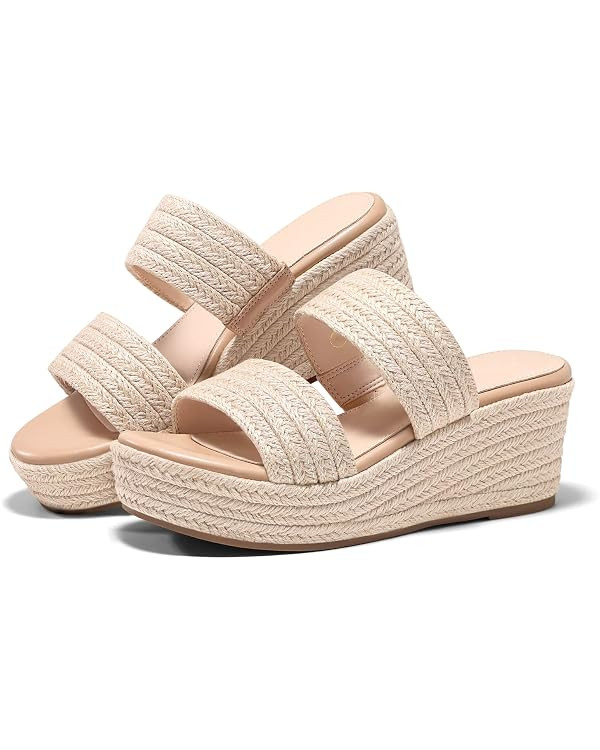 Coutgo Womens Platform Wedge Sandals Espadrille Raffia Heeled Slides Open Toe Two Band Beach Vaca... | Amazon (US)