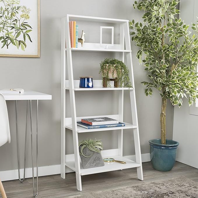 WE Furniture 4 Shelf Simple Modern Wood Ladder Bookcase Bookshelf Storage, White | Amazon (US)