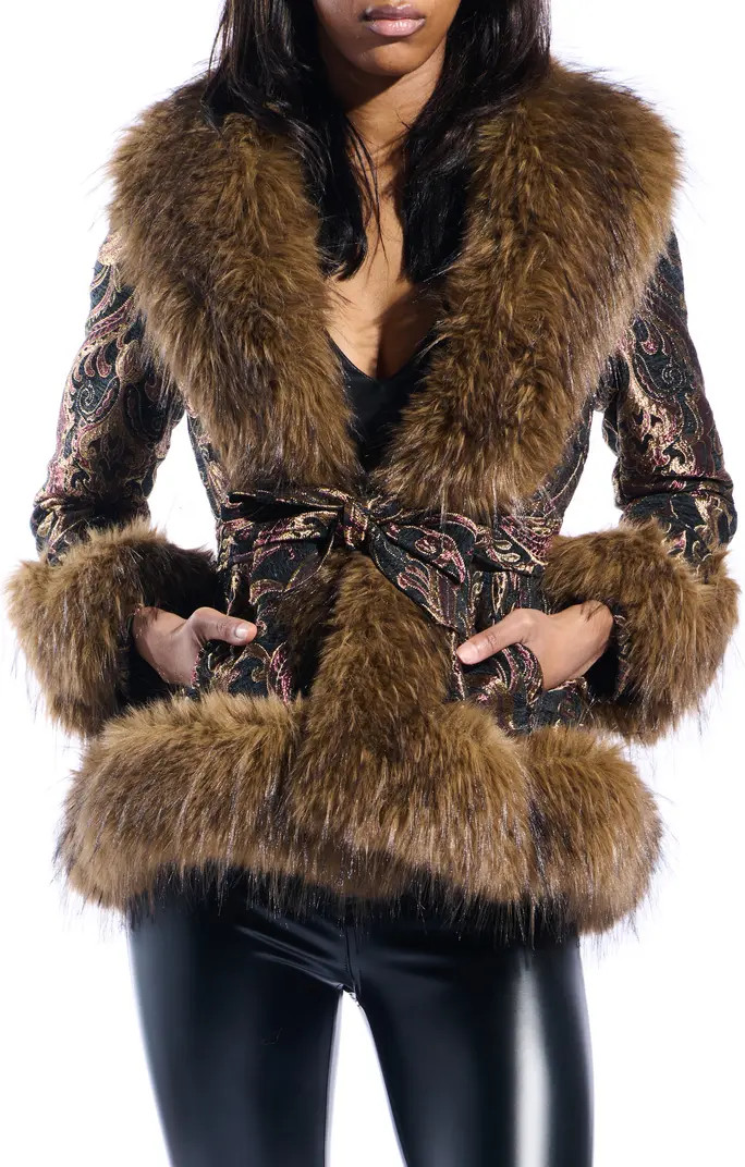 Kenzy Belted Jacquard & Faux Fur Coat | Nordstrom