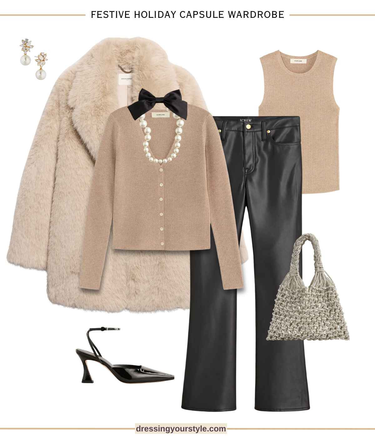 Beige, gold and black festive holiday outfit and party outfit with black leather pants, metallic twin set and faux fur coat  

#LTKParties #LTKHoliday #LTKSeasonal